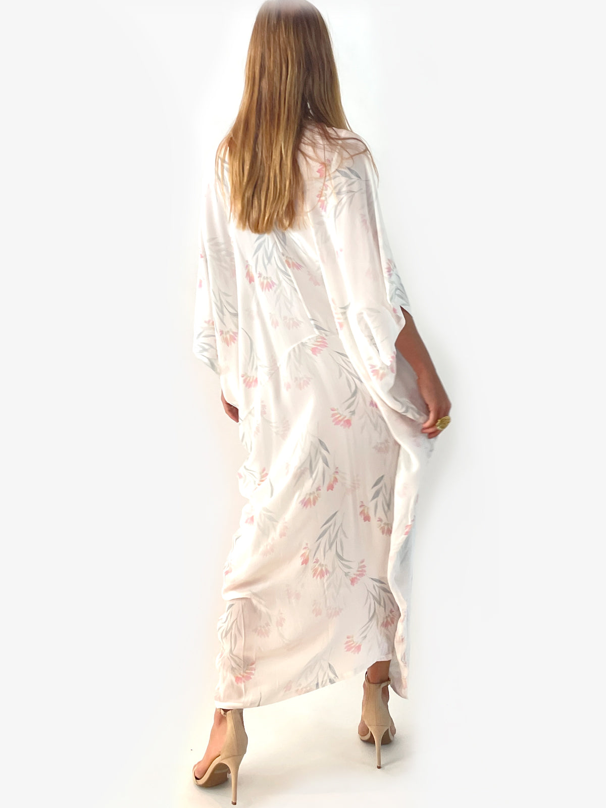 Tropical Wallpaper Silk Caftan | Cream - Back