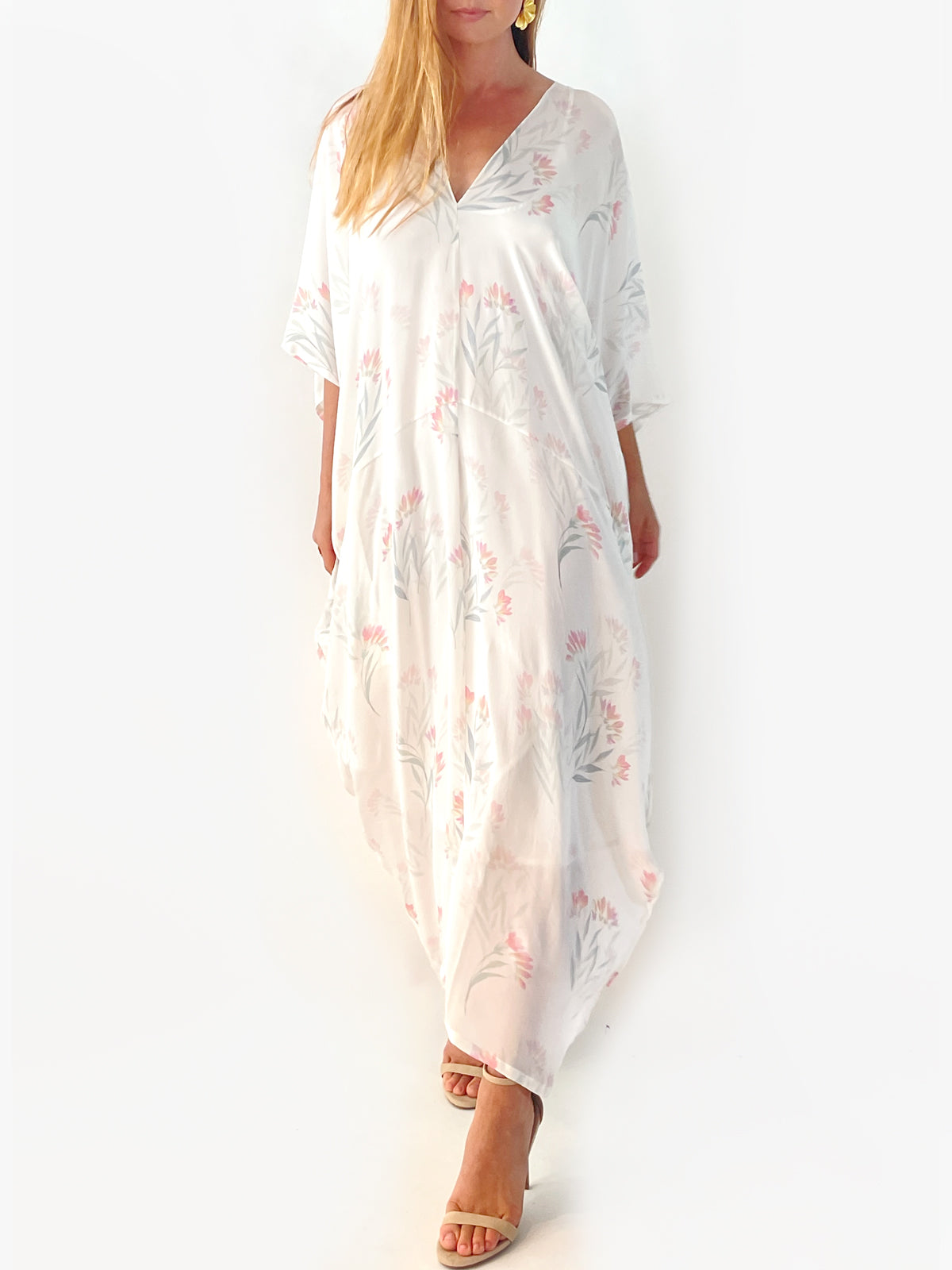 Tropical Wallpaper Silk Caftan | Cream - Front