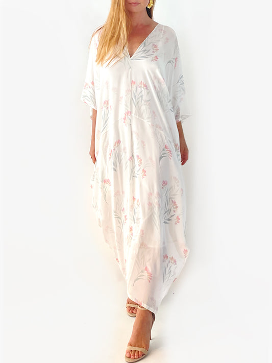 Tropical Wallpaper Silk Caftan | Cream - Front