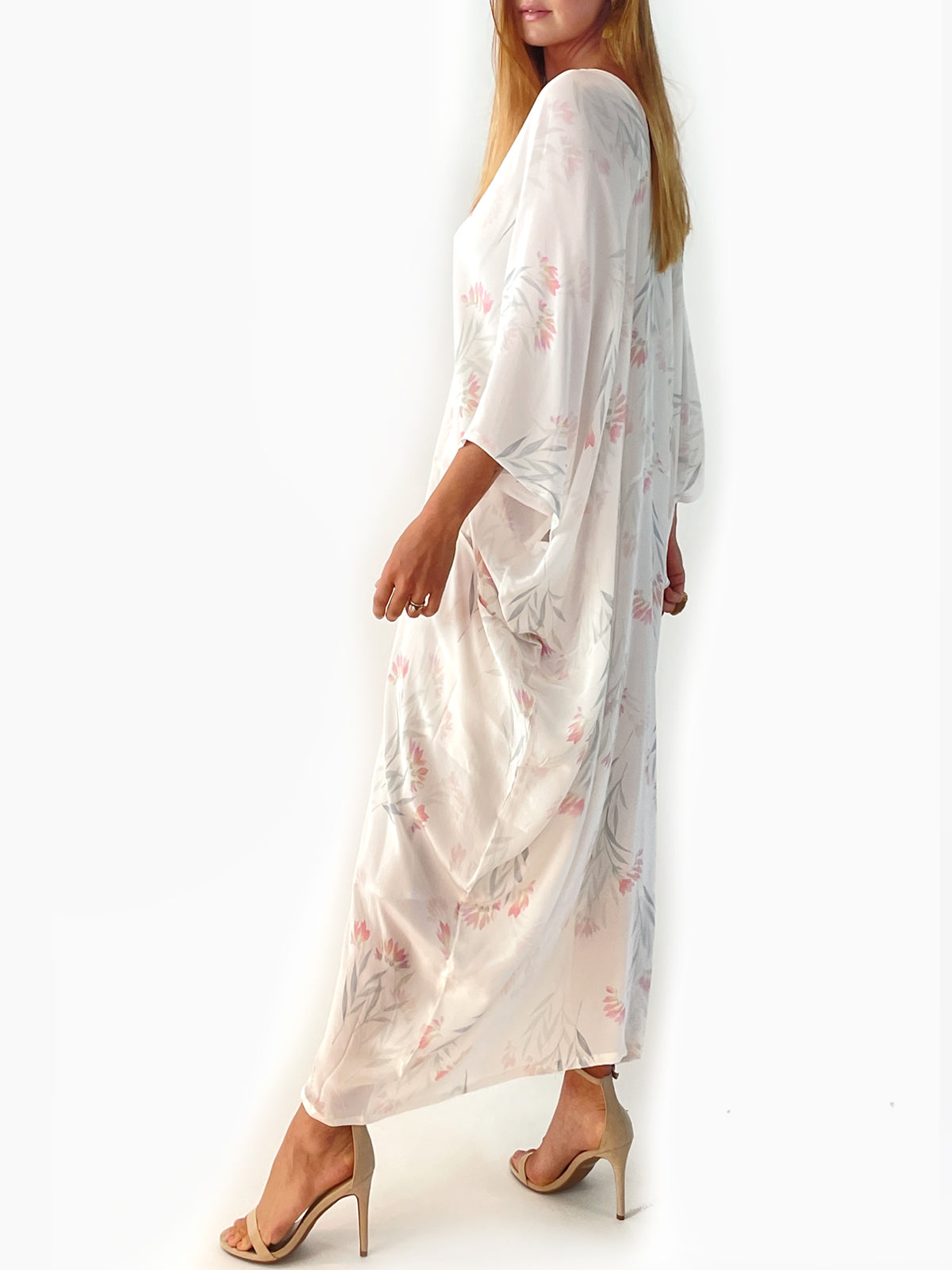 Tropical Wallpaper Silk Caftan | Cream - Side