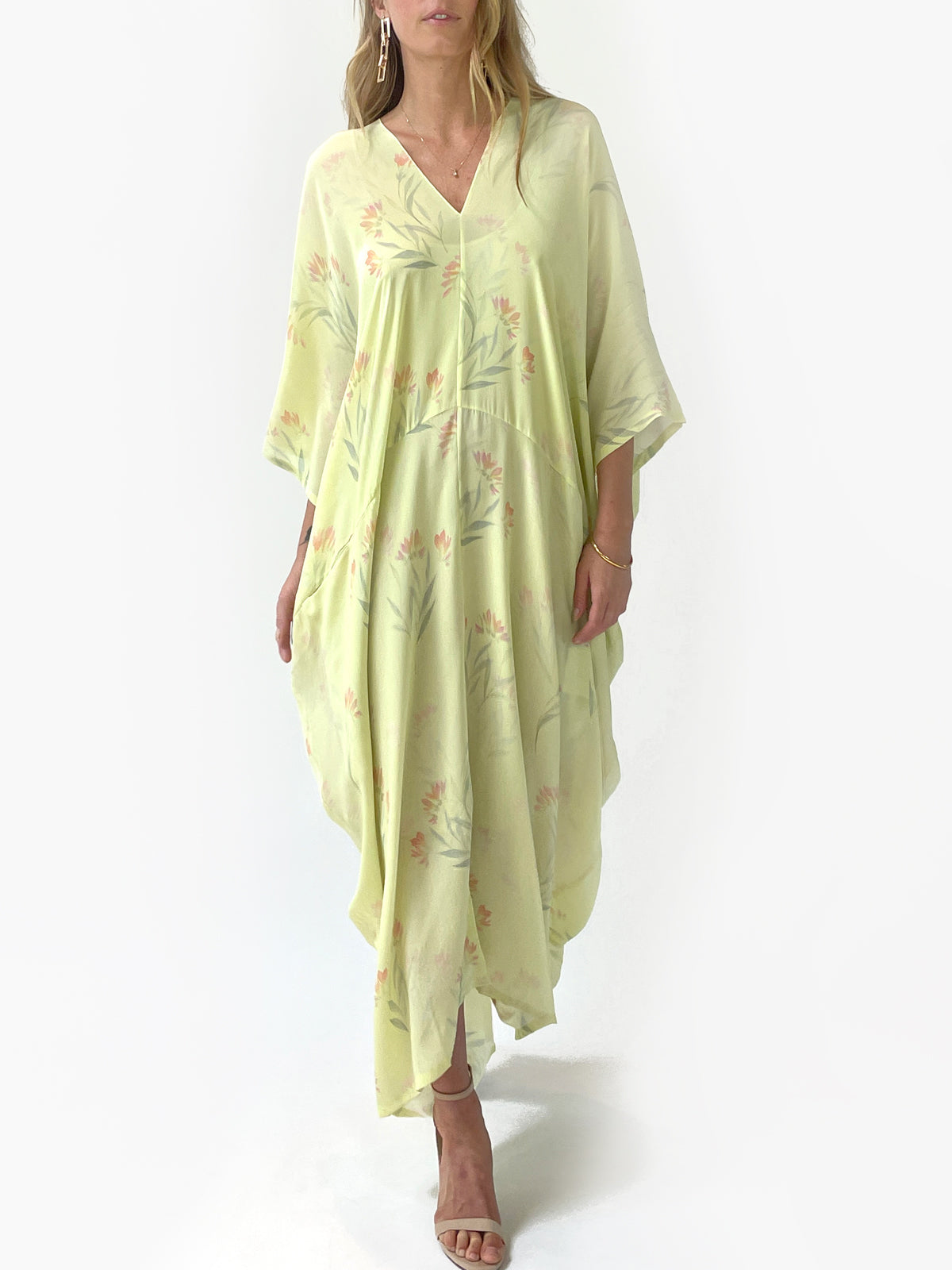 Tropical Wallpaper Silk Caftan | Yellow - Front