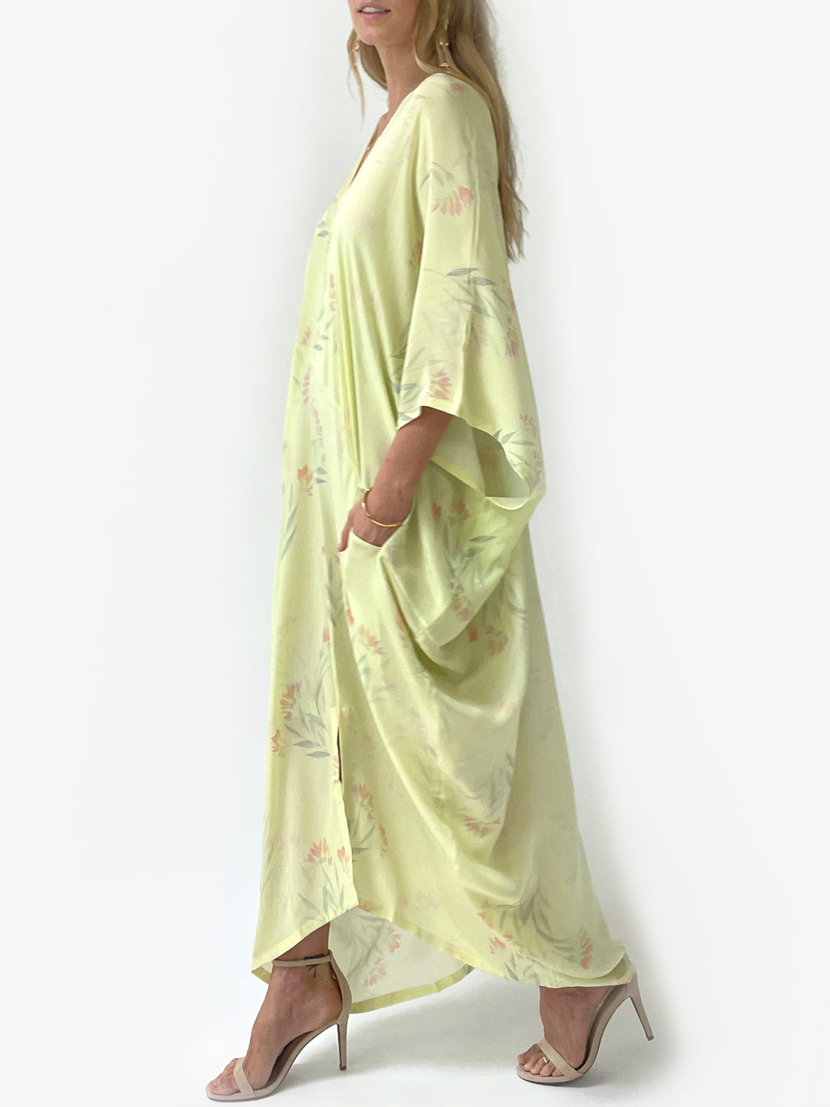 Tropical Wallpaper Silk Caftan | Yellow - Side