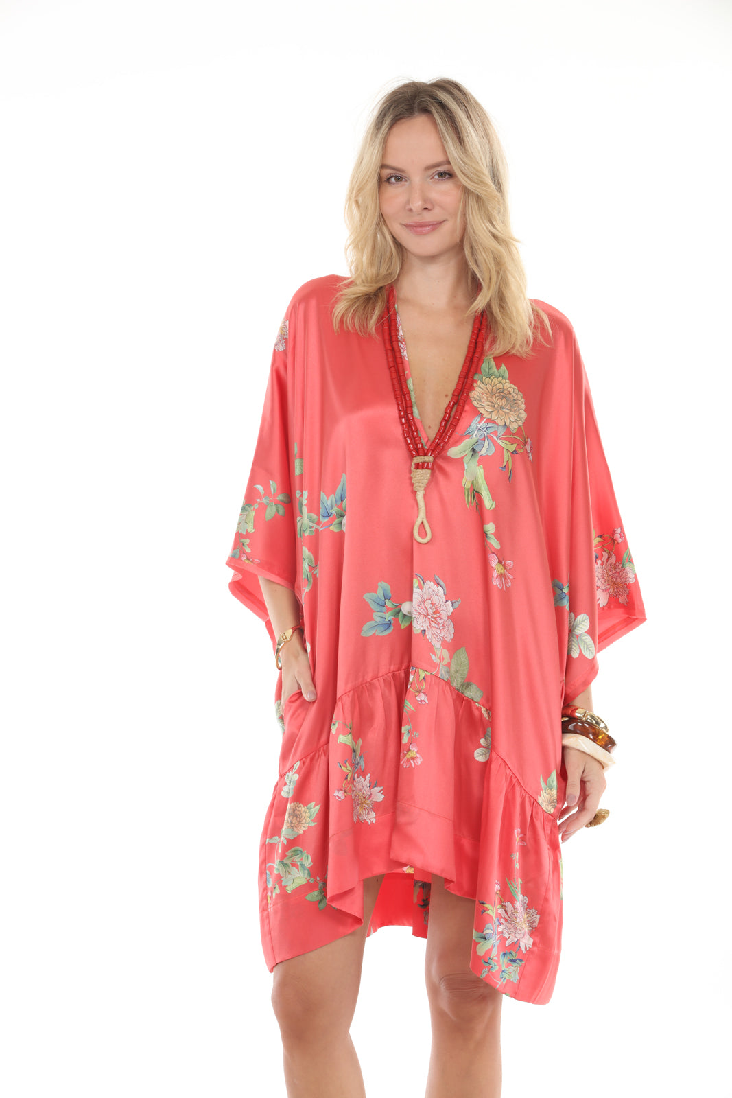 Tunic Dress With Ruffle | Coral - front closeup