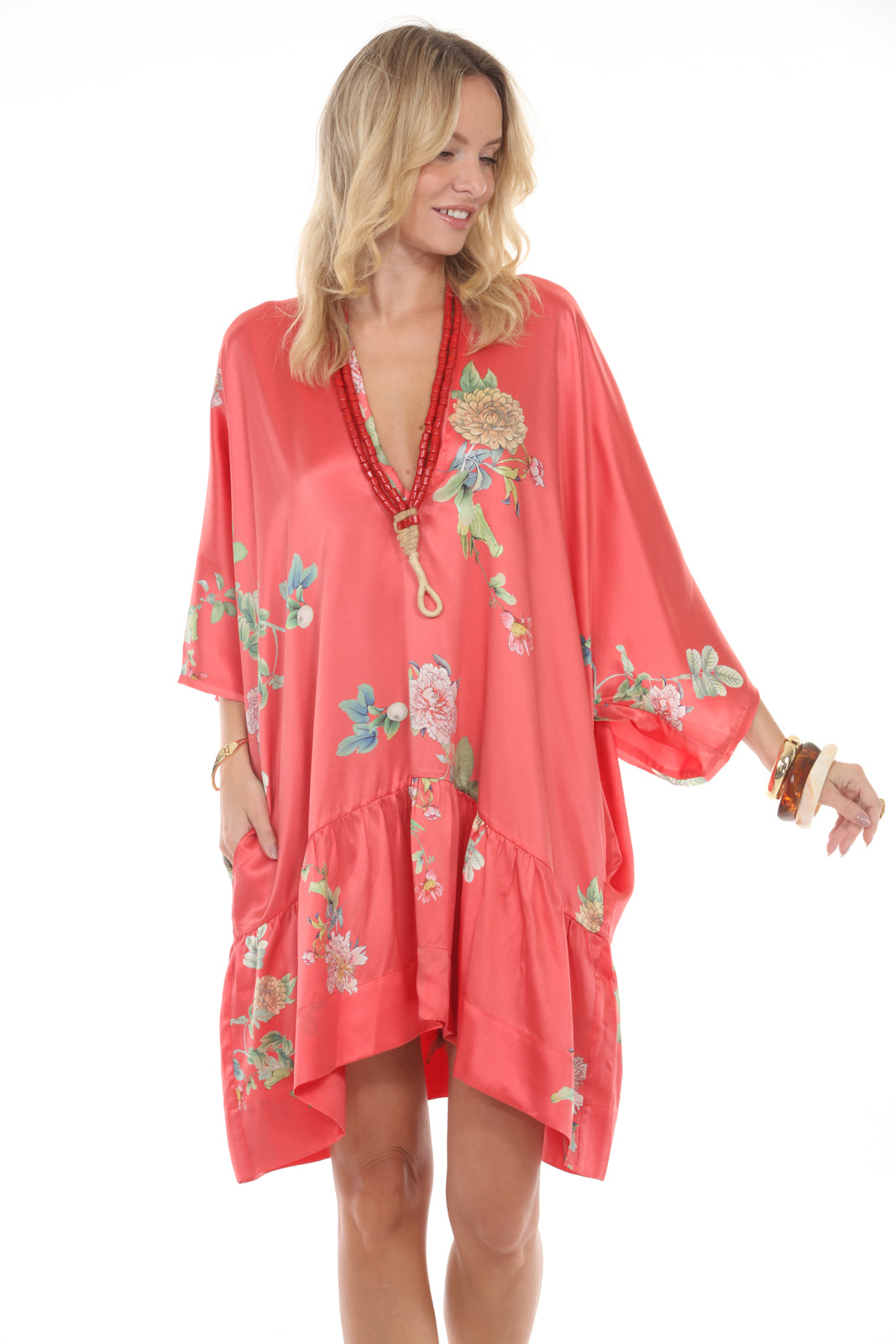 Tunic Dress With Ruffle | Coral - front closeup alt