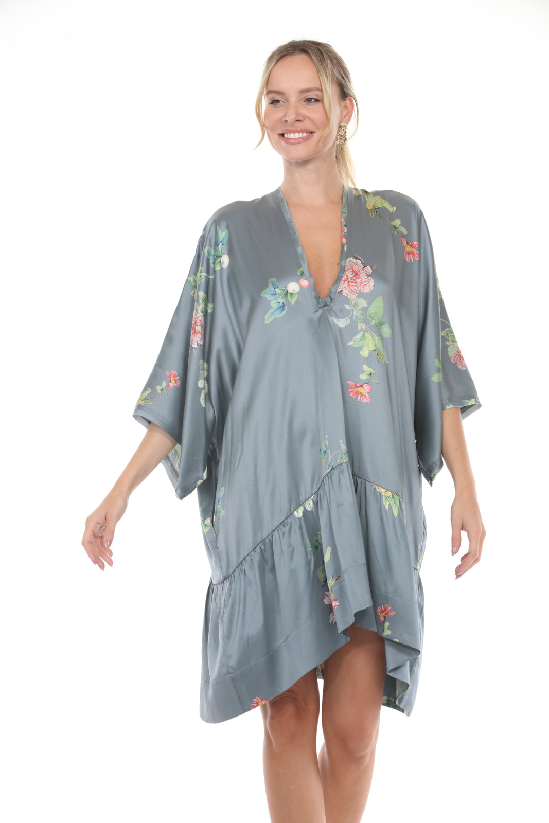 Tunic Dress With Ruffle | Grey - closeup front