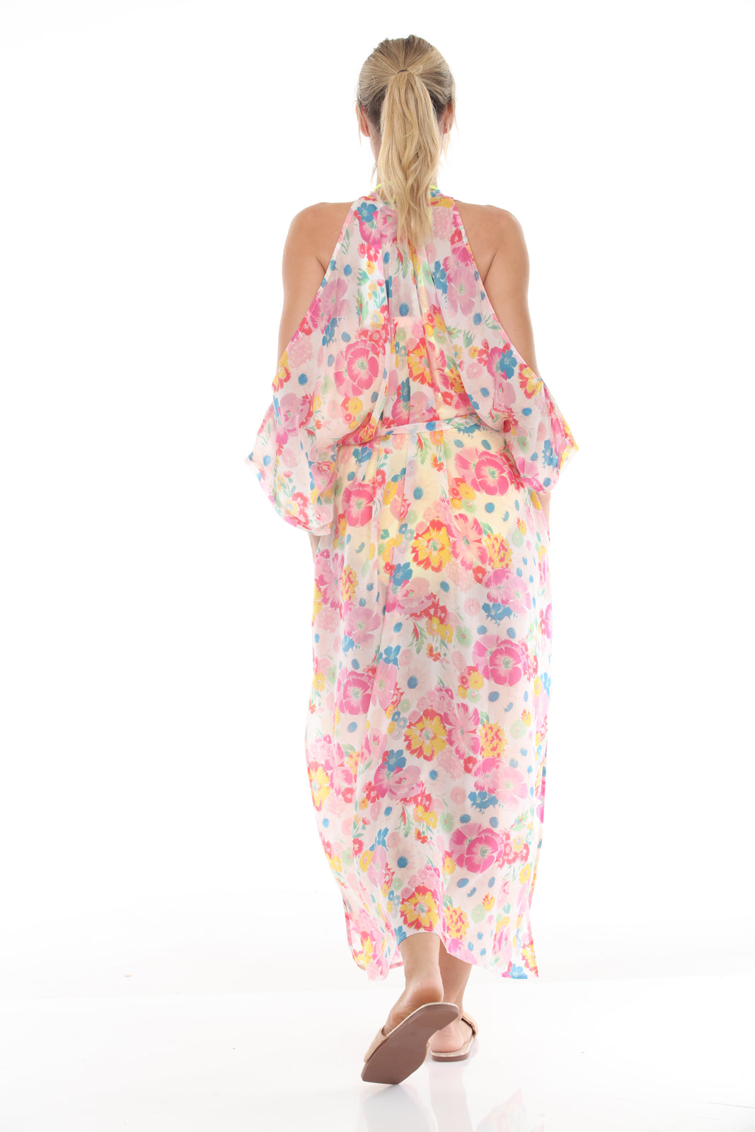 V-Neck Cold Shoulder Caftan | Flower Garden Print | Pink - back