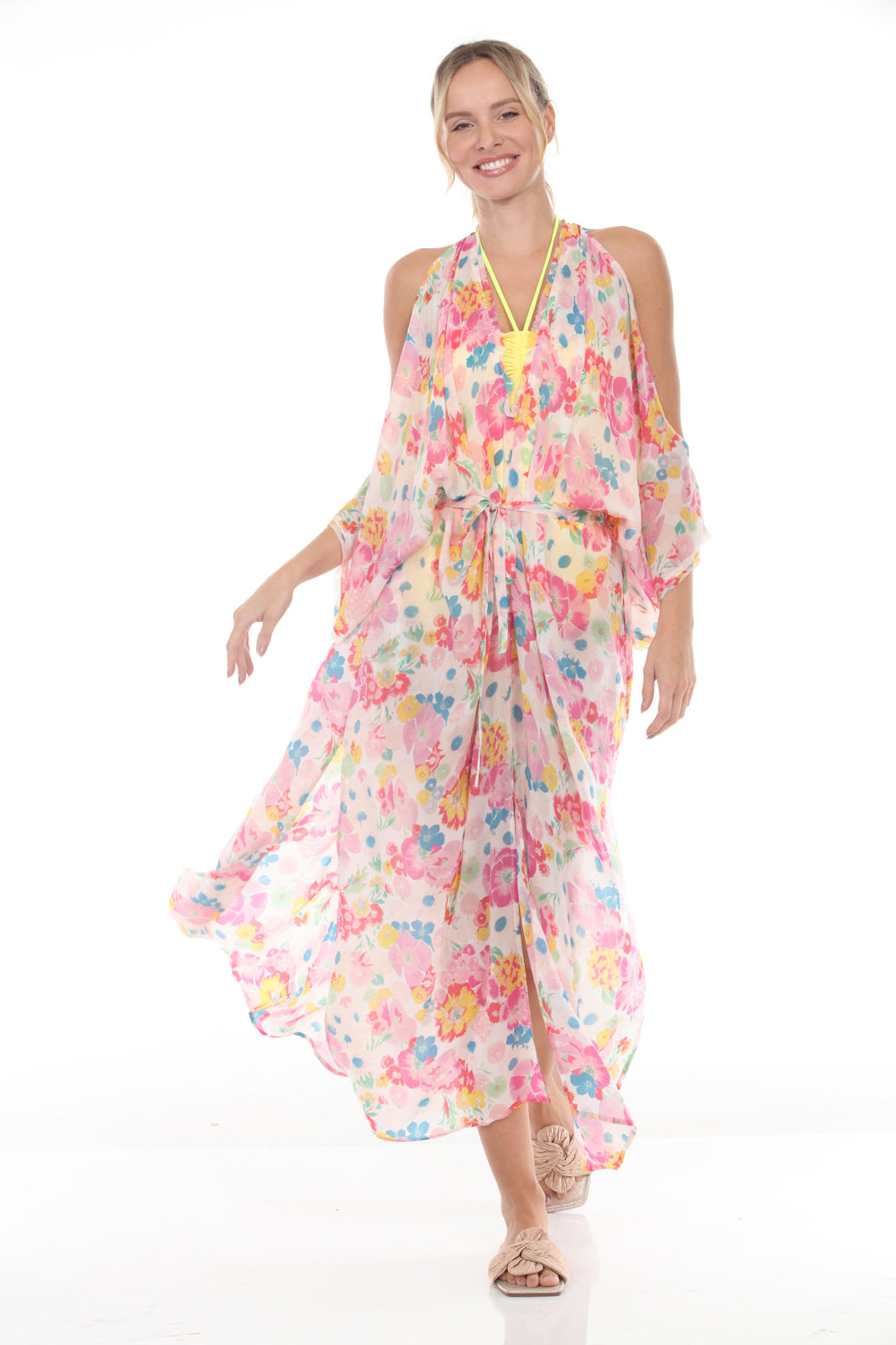 V-Neck Cold Shoulder Caftan | Flower Garden Print | Pink - front