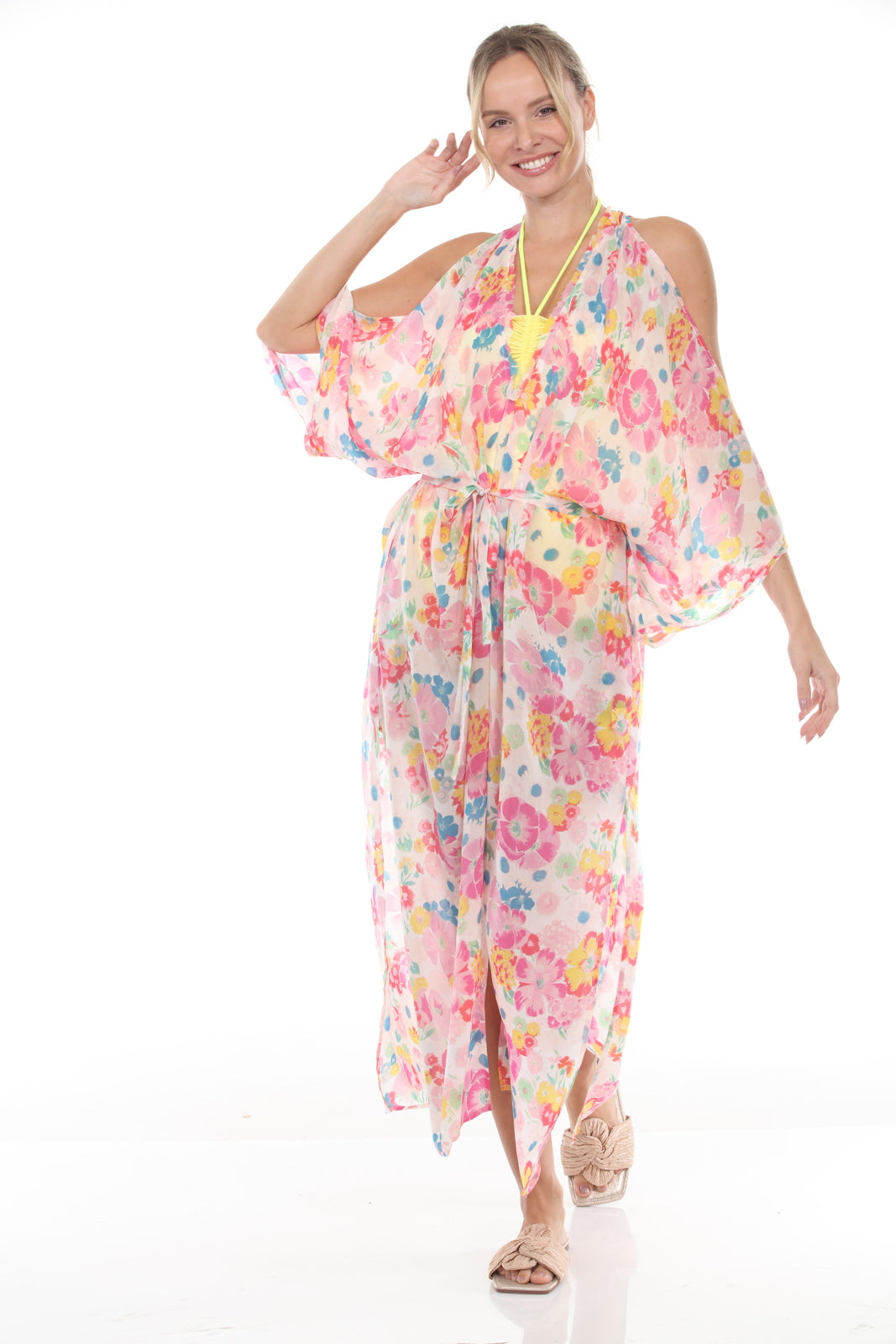V-Neck Cold Shoulder Caftan | Flower Garden Print | Pink - front alt