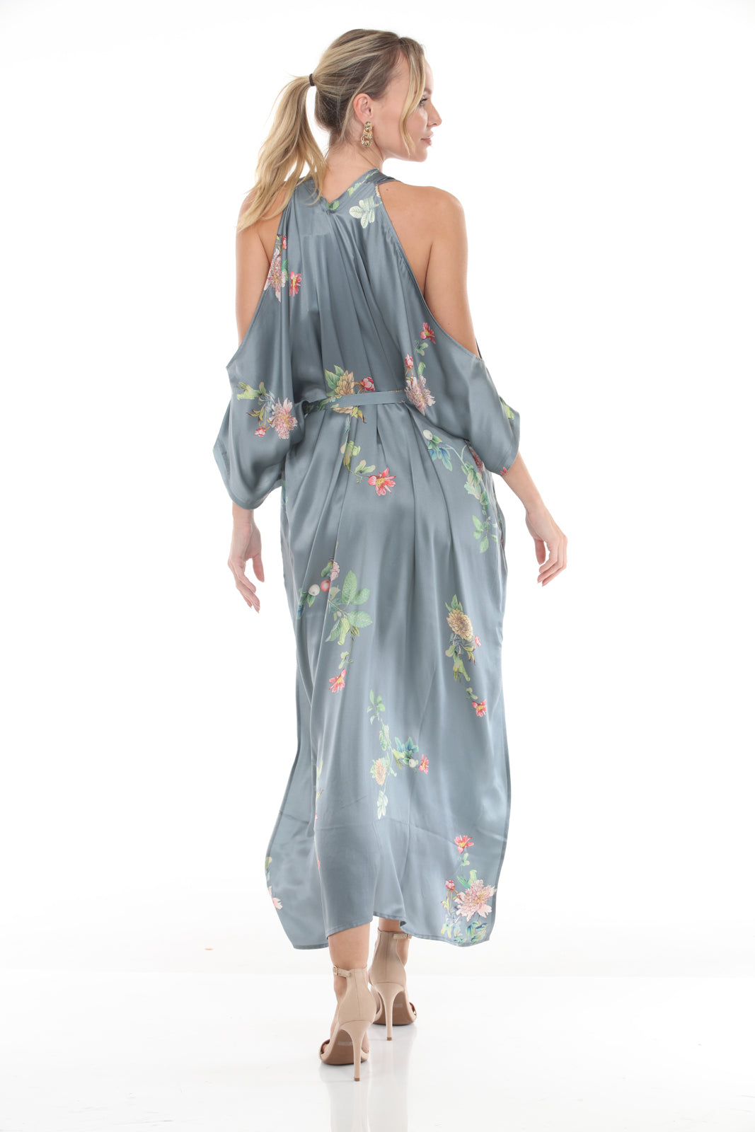 V-Neck Cold Shoulder Caftan with Peony Print | Grey - back