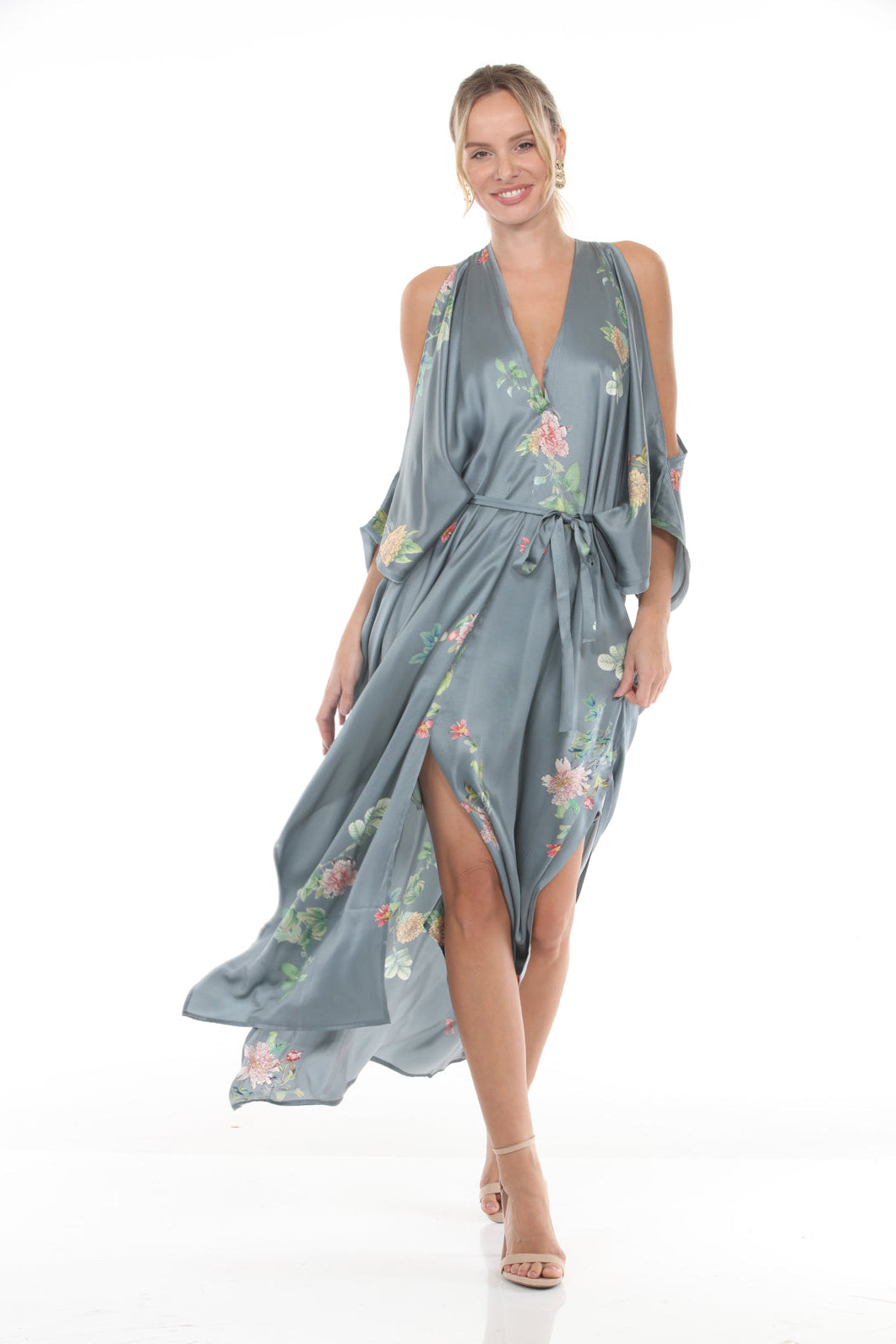 V-Neck Cold Shoulder Caftan with Peony Print | Grey - front