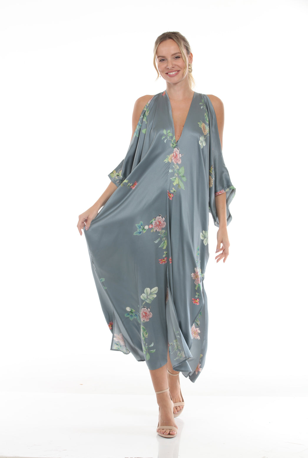 V-Neck Cold Shoulder Caftan with Peony Print | Grey - front alt