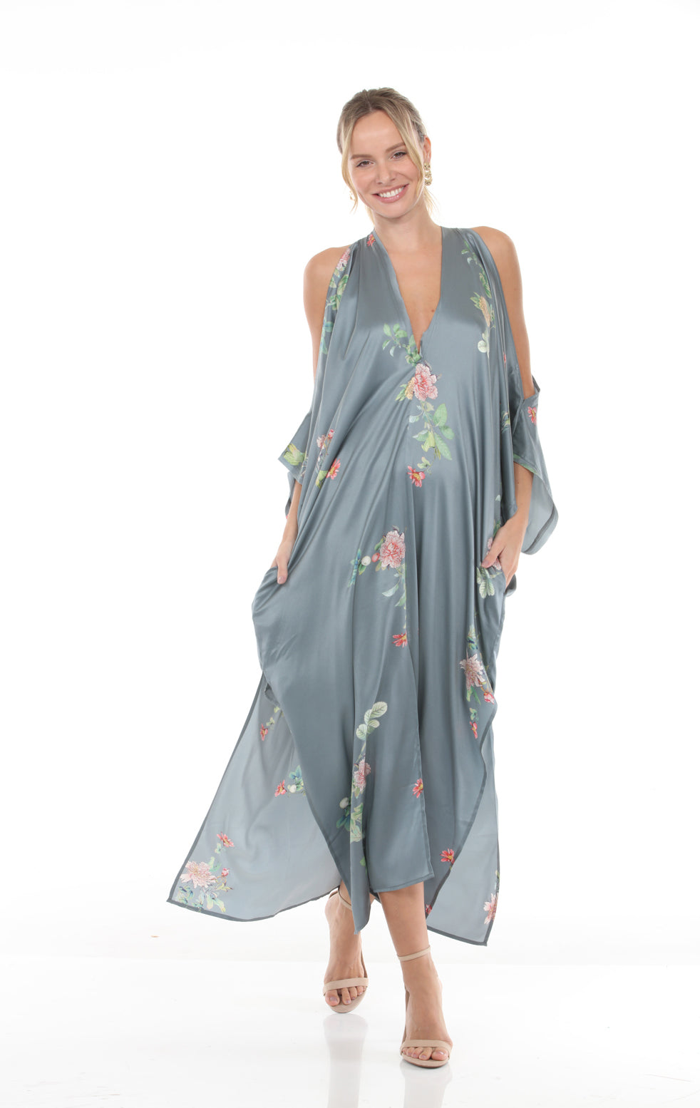 V-Neck Cold Shoulder Caftan with Peony Print | Grey - front alt1