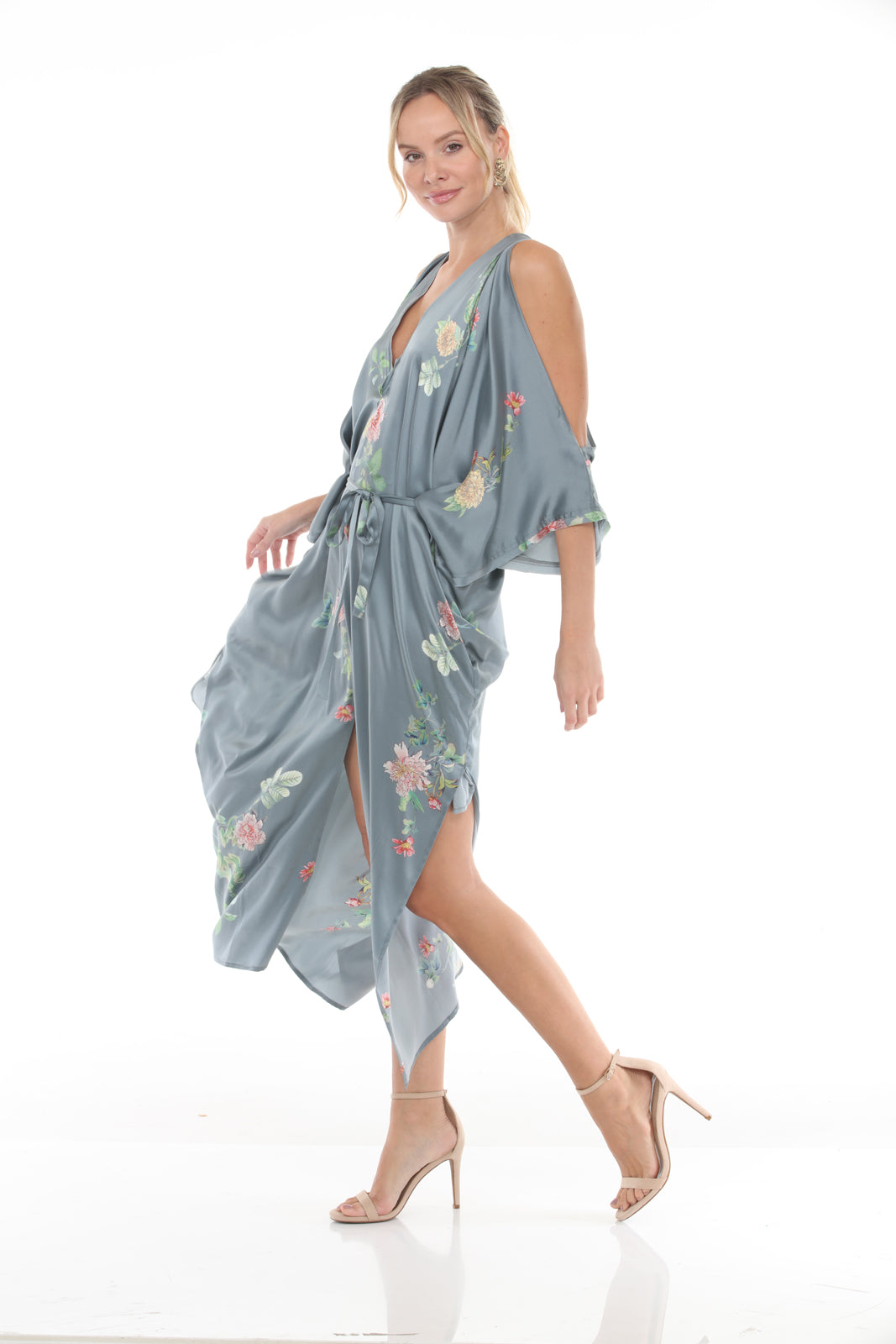 V-Neck Cold Shoulder Caftan with Peony Print | Grey - side