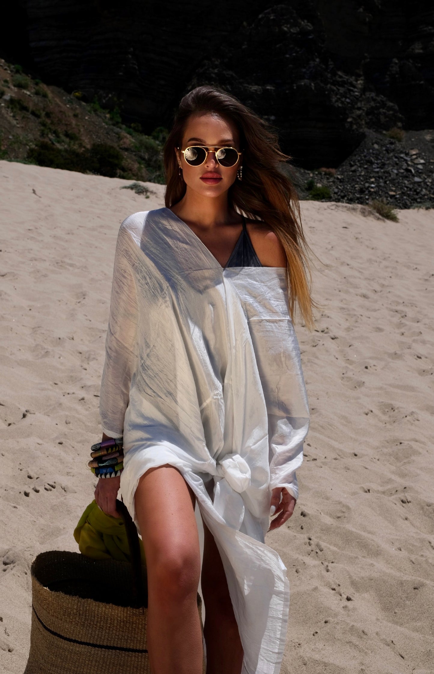 VACANCES Rae Silk Caftan White long