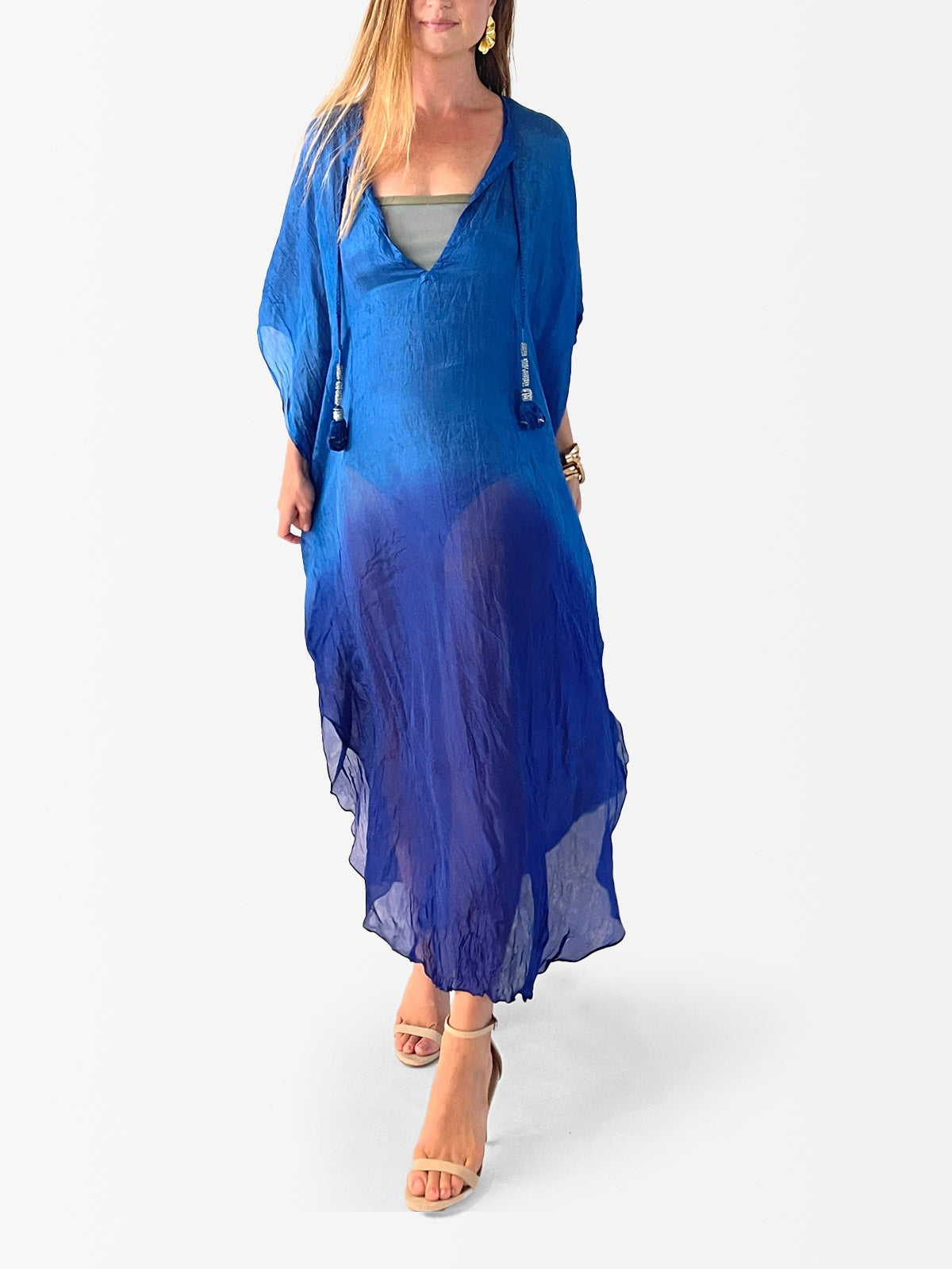 VACANCES Zanna Silk Caftan Moroccan Blue Front