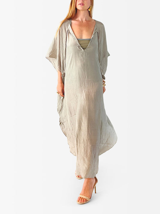 VACANCES Zanna Silk Caftan Sage Front