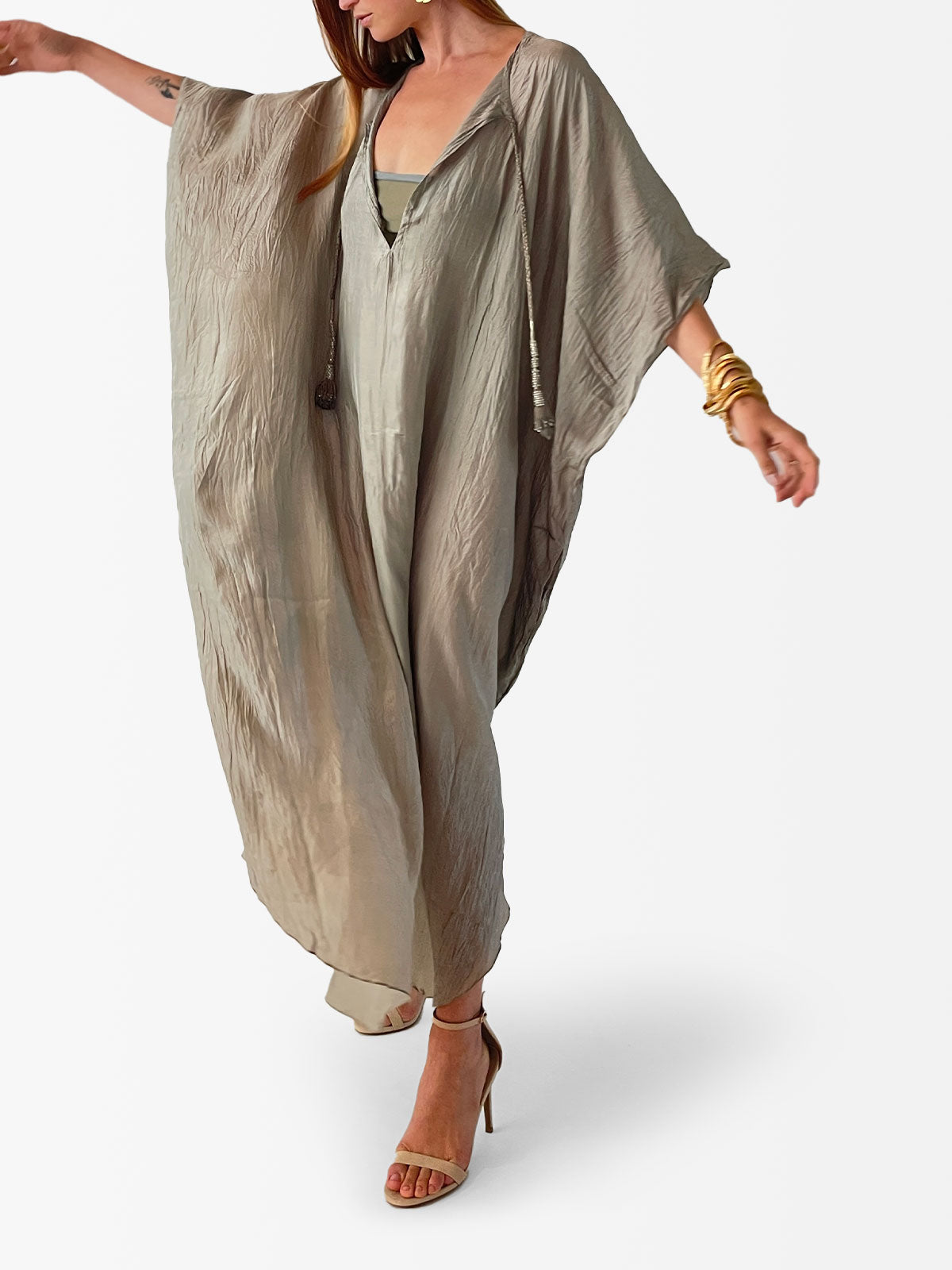 VACANCES Zanna Silk Caftan Sage Side