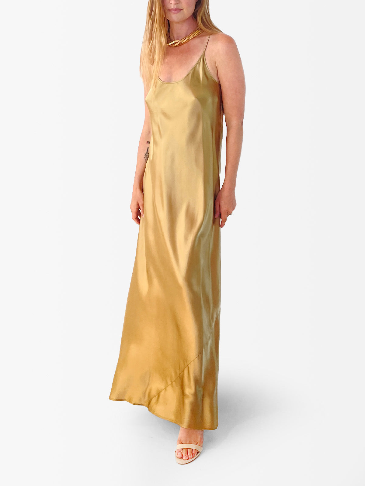 VACANCES Silk Charmeuse Maxi Dress Gold Front Alt