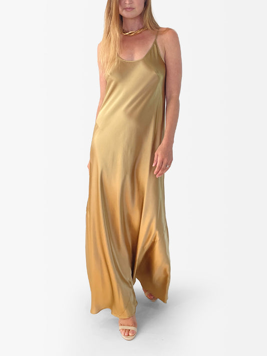 VACANCES Silk Charmeuse Maxi Dress Gold Front