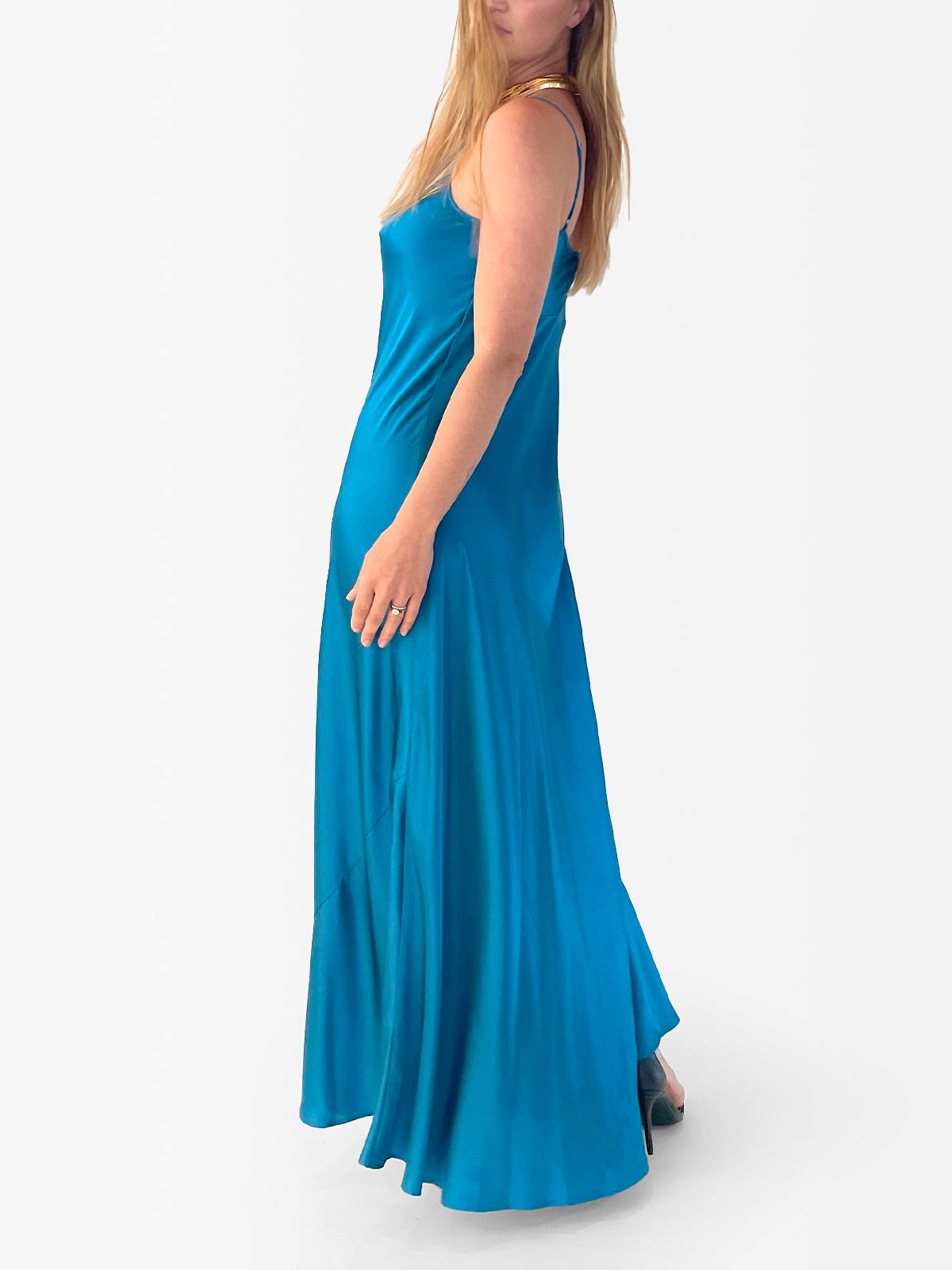 VACANCES Silk Charmeuse Maxi Dress Jewel Turquoise back