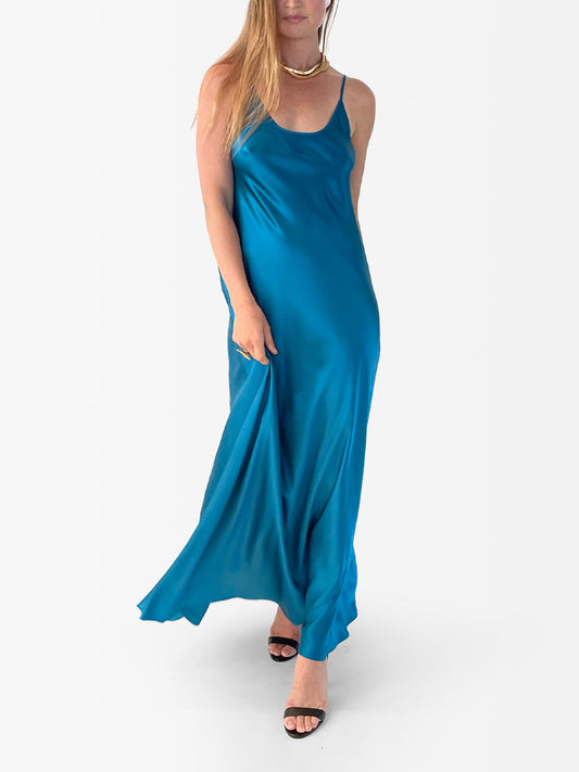 VACANCES Silk Charmeuse Maxi Dress Jewel Turquoise front