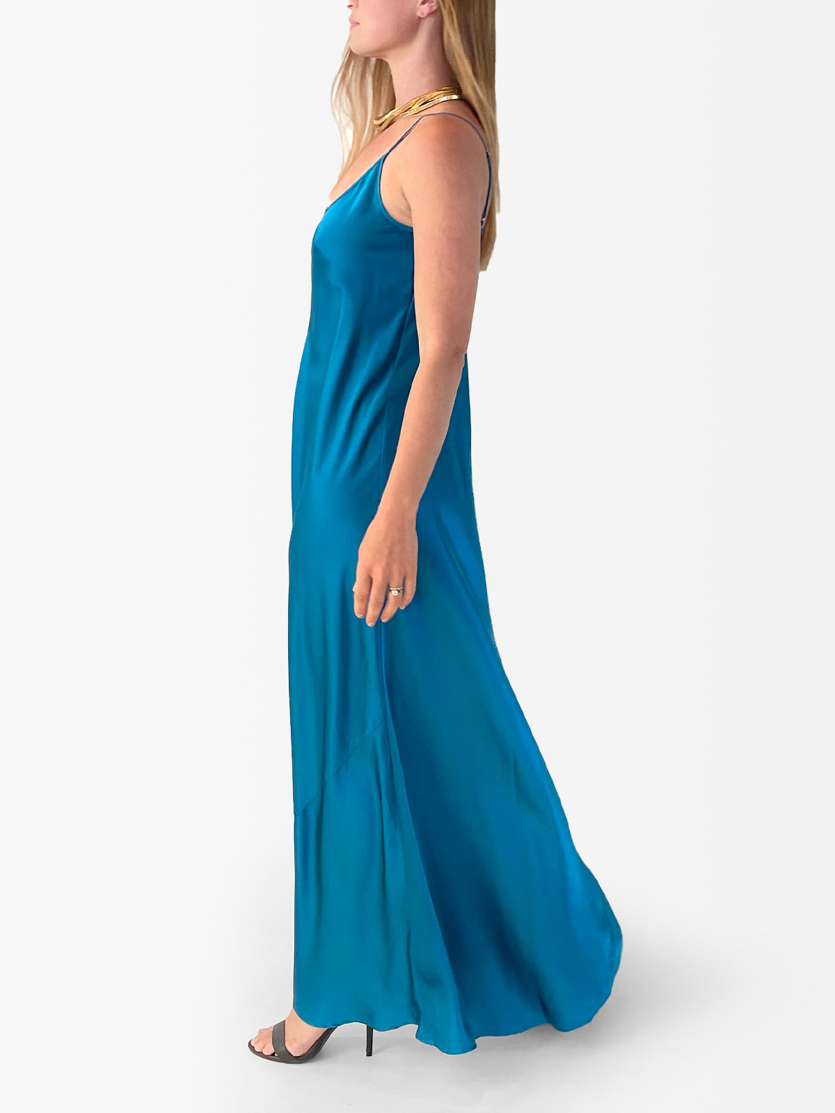 VACANCES Silk Charmeuse Maxi Dress Jewel Turquoise side
