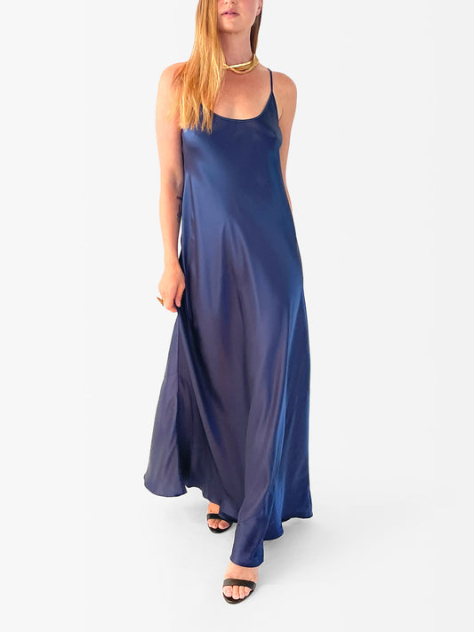 VACANCES Silk Charmeuse Maxi Dress Midnight Blue front