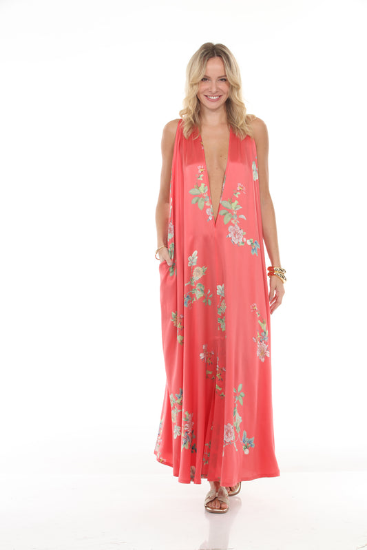 HALTER DRESS WITH BELT- PEONY PRINT/CORAL