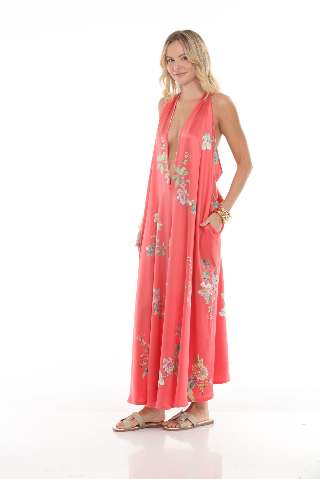 HALTER DRESS WITH BELT- PEONY PRINT/CORAL