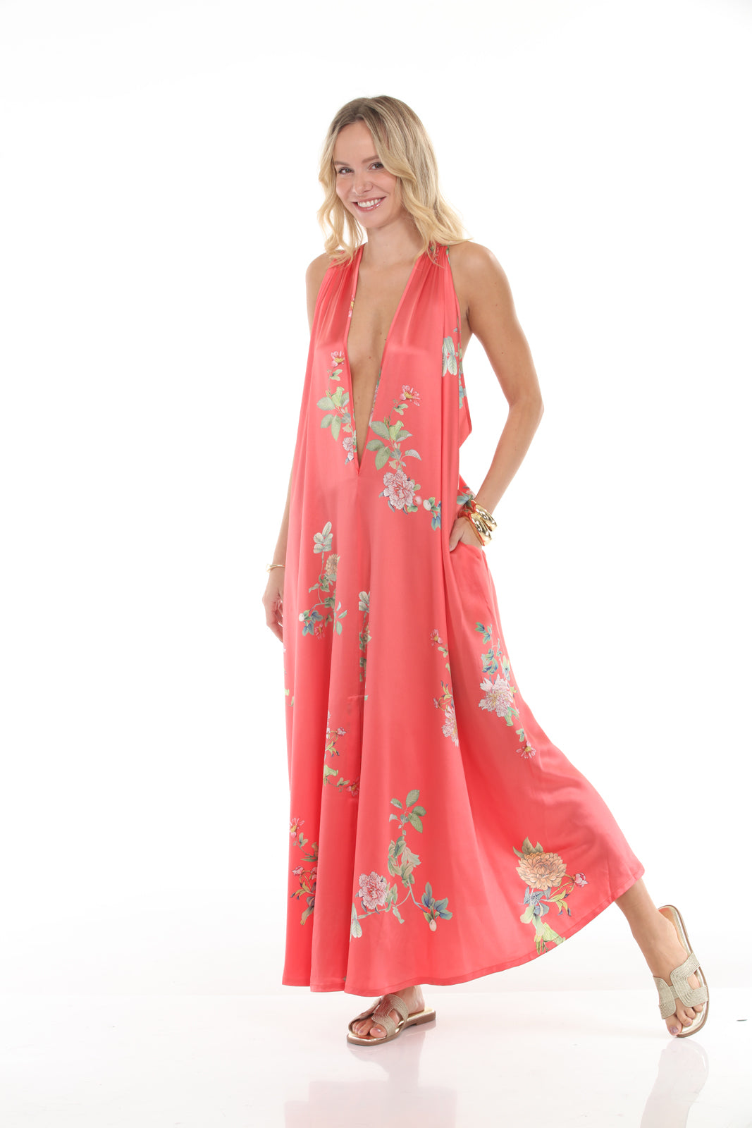 HALTER DRESS WITH BELT- PEONY PRINT/CORAL