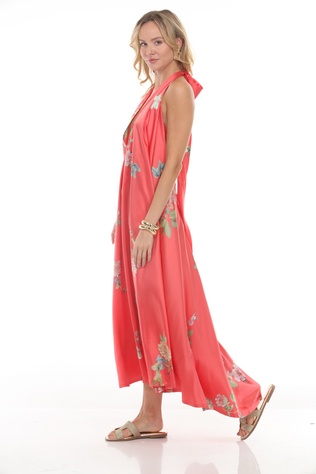 HALTER DRESS WITH BELT- PEONY PRINT/CORAL