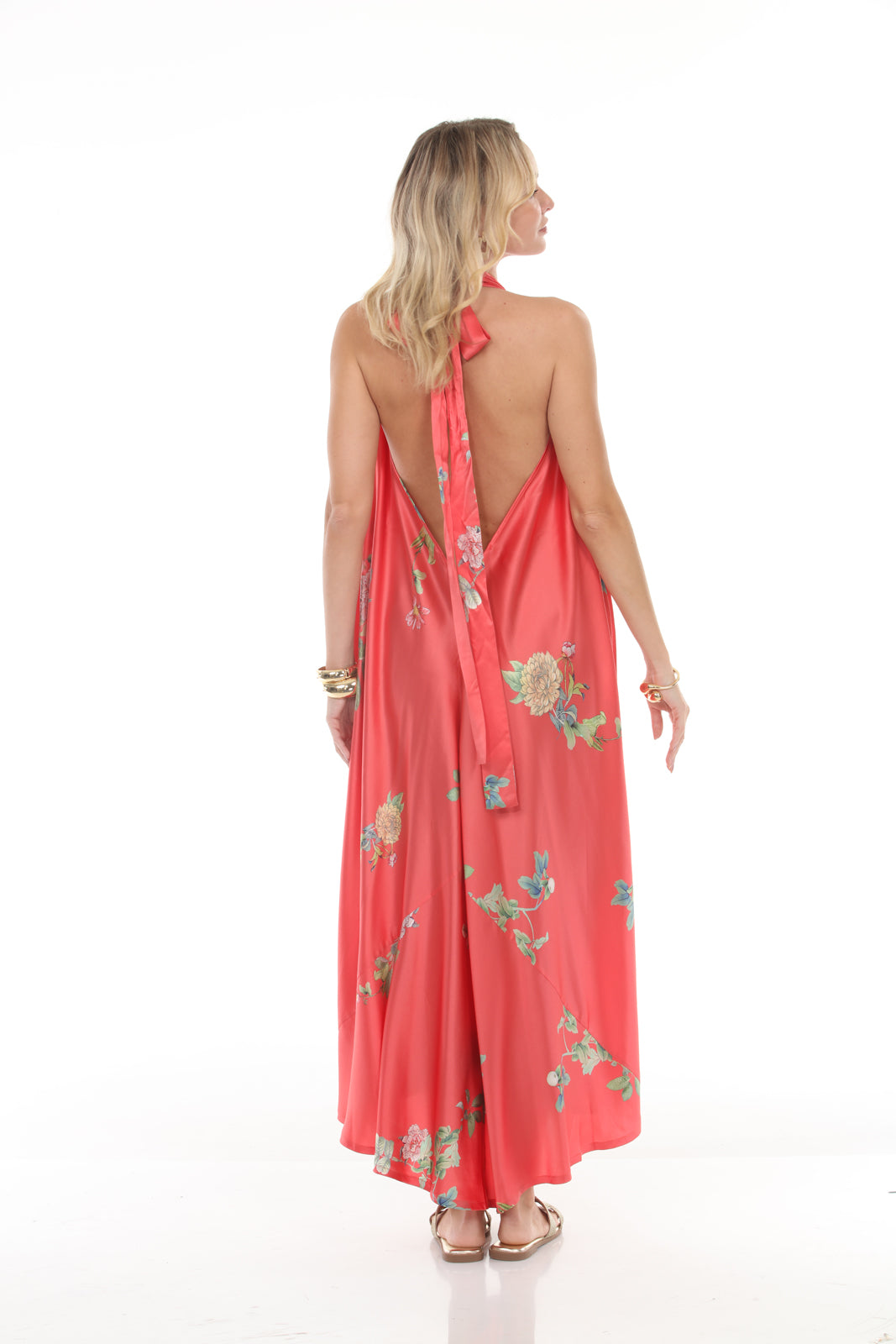 HALTER DRESS WITH BELT- PEONY PRINT/CORAL