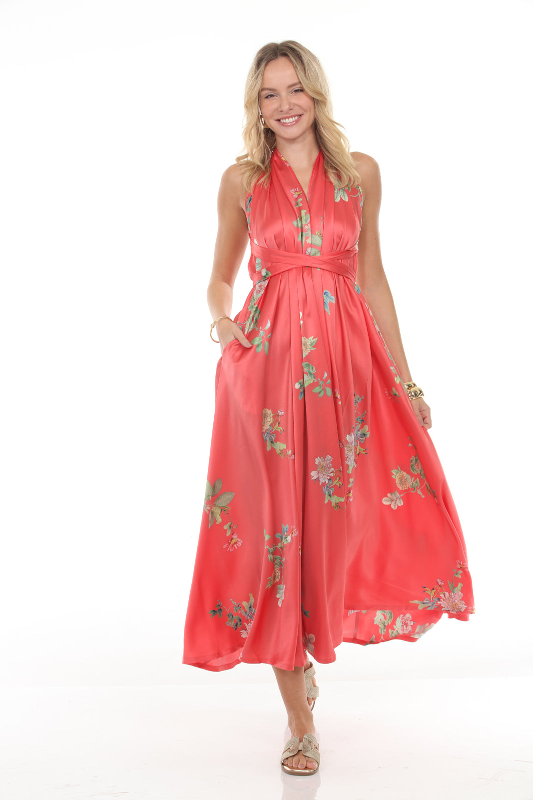 HALTER DRESS WITH BELT- PEONY PRINT/CORAL