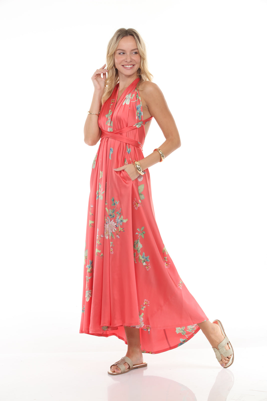 HALTER DRESS WITH BELT- PEONY PRINT/CORAL